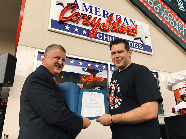 Derek Stevens and ACI Co Owner Chris Sotiropoulos Celebrate American Coney Island Las Vegas Day