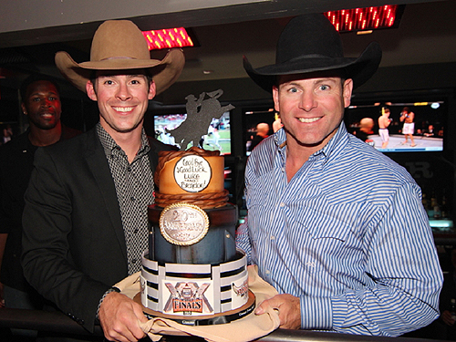 Brendon Clark and Luke Snyder Proudly Display Retirement Cake at PBR Rock Bar