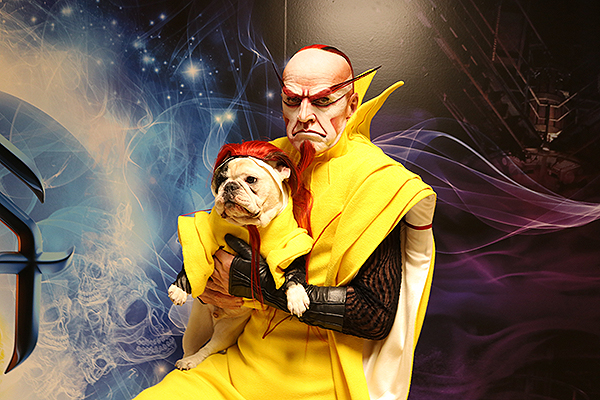 Manny The Frenchie and the KÀ counselor pose in their matching costumes after the show at MGM Grand on Saturday Nov. 18 2017