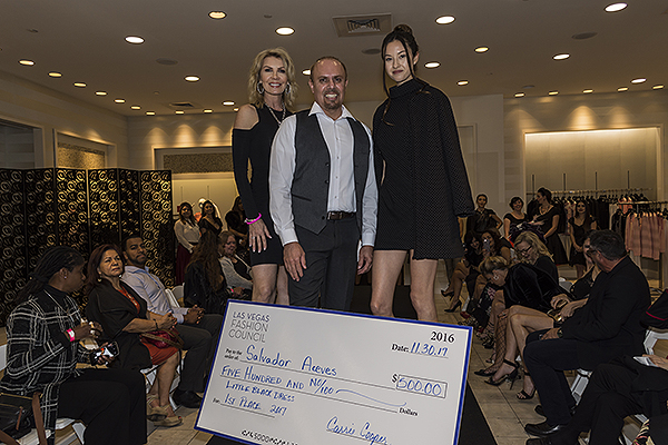 LVFC President Carrie Cooper Little Black Dress Event Design Winner Salvador Aceves and Model Photo Credit Jacquelyn Samano