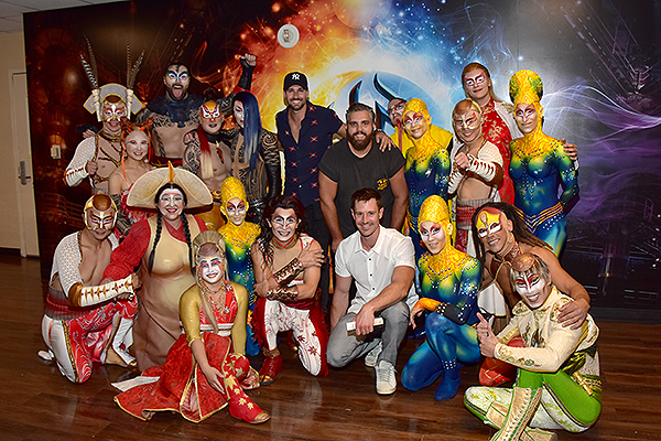 Jason Dohring and James Maslow pose with the cast of KÀ by Cirque du Soleil Aug. 24