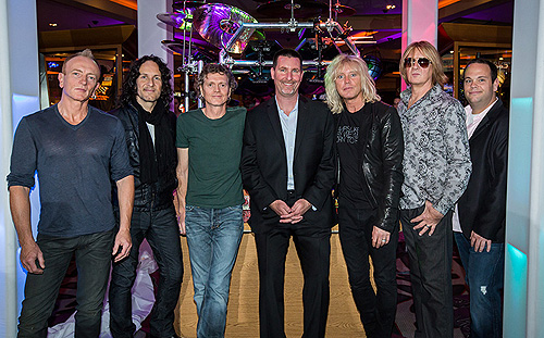 3.21.13 Def Leppard Band Members Pose with Paul Davis of Hard Rock Hotel Casino and Bobby Reynolds of AEG in honor of residency VIVA Hysteria credit Erik Kabik