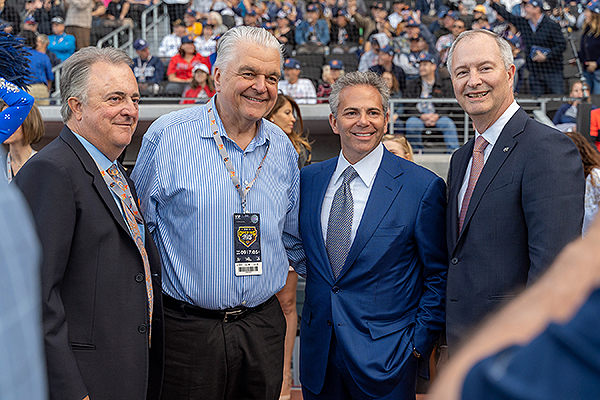 Don Logan, Governor Steve Sisolak, David R. Weinreb of the Howard Hughes Corporation and Steve Hill of the LVC&VA  at the Las Vegas Aviators home opener. - Photo courtesy of HHC